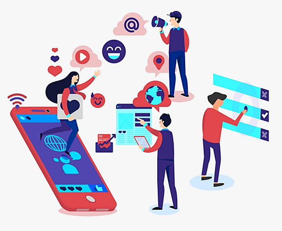 Vier arbeitende Menschen, die etwas zeigen, bewerten, ankündigungen oder bringen, und dabei teils Technik benutzen